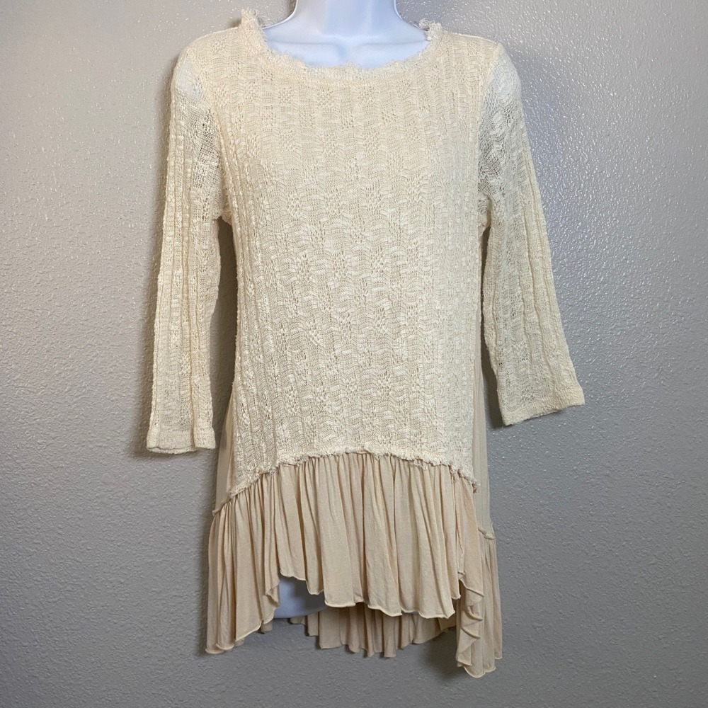 Cupio‎ Cream Knit Ruffle Feminine Angelcore Mori Kei Lagenlook Casual Top S